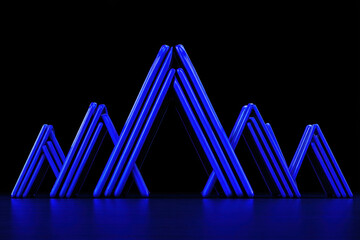Neon blue geometric triangle structures on black background form modern abstract row with reflective floor, cool minimal mood and sleek product design energy