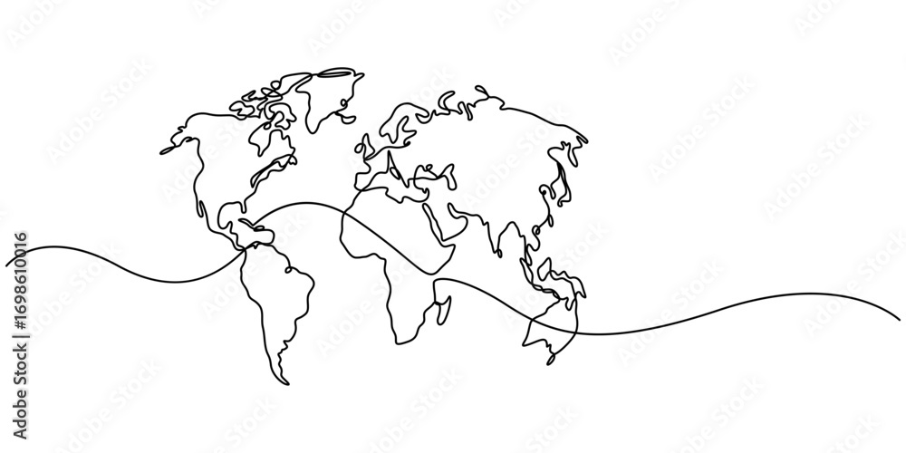 Poster world map continuous lines vector illustration with background editable stroke, continuous one line 