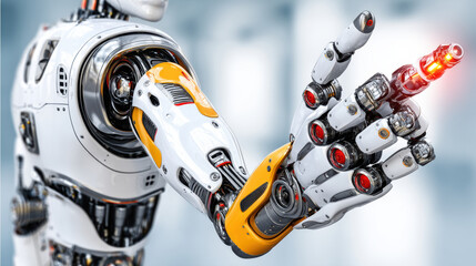 Futuristic robotic arm pointing with illuminated fingertip, high tech surgical robot concept, clinical studio lighting, hyperrealistic detail