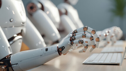 Robotic hand calibrating surgical nanobot components via virtual console in clean clinical lab with muted blue and white tones conveying precision and calm