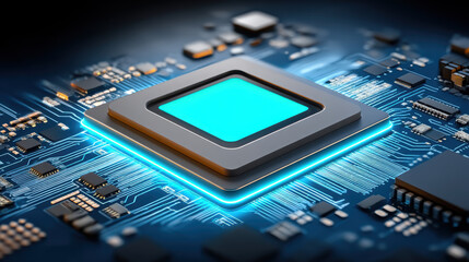 Glowing neural chip circuit board blue light electronic component futuristic device photorealistic