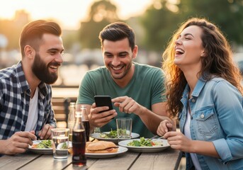 Friends laughing and sharing a phone at an outdoor restaurant table