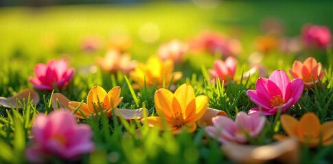 Close-up view of vibrant, colorful flower petals scattered on lush green grass, bathed in soft sunlight A perfect depiction of springtime beauty and natural vibrancy , pretty, aesthetic