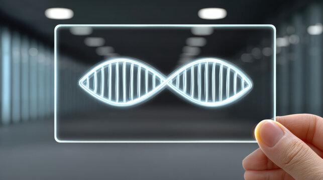 Hand holding glowing AI generated DNA data card in ultra clean futuristic lab setting with cold blue tone and clinical light