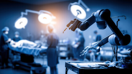 Autonomous surgical robot arm performing precise instrument manipulation in sterile operating room with medical team and bright surgical lights, tense determined mood