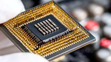 Partial view engineer holding ai medical chip between fingers clean white tech branding backdrop futuristic marketing product shot elegant electronic component with gold pins and gloved hand
