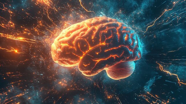 Abstract representation of a glowing brain surrounded by electric energy - Powered by Adobe