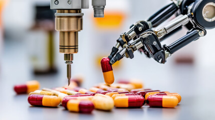 Robotic arm placing medicine capsule into automated therapy unit in bright sci fi healthcare lab offering precise treatment and innovation