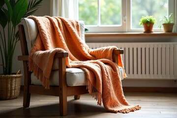 Cozy, warm wool throw blanket draped over a rustic wooden armchair in a sunlit living room Perfect for adding texture and comfort to your interior design , handmade, winter