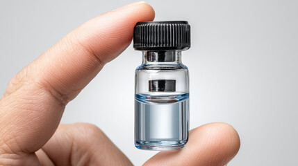 Small glass vial clear liquid medical vial sterile vial hand holding vial transparent bottle medicine bottle healthcare laboratory vial pharmaceutical product