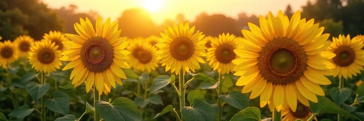 Golden hour sunlight bathes a lush summer field of ripening sunflowers, buzzing with bees A vibrant display of summer agriculture at its peak , vibrant, yellow