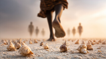 Close up of African woman foot walking on fine white sand with seashells scattered around at golden sunrise casting long shadow and warm mood