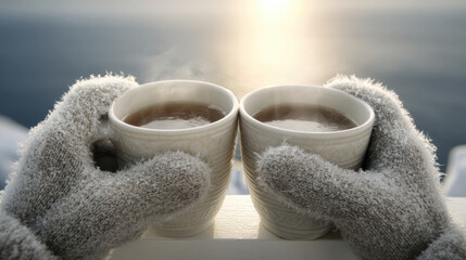 Cozy pair of gloved hands holding two steaming mugs of hot tea on frost coated railing with soft morning sunlight over blurred Arctic seascape