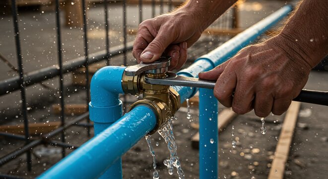 Hands of a professional plumber repairing a leaking plumbing or water pipe with dripping water Concept of plumbing services and emergency repair.