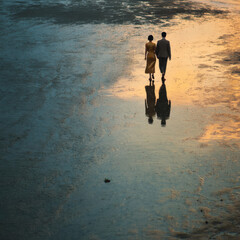 Asian couple walking on wet sand at low tide golden hour reflection on shallow water romantic mood