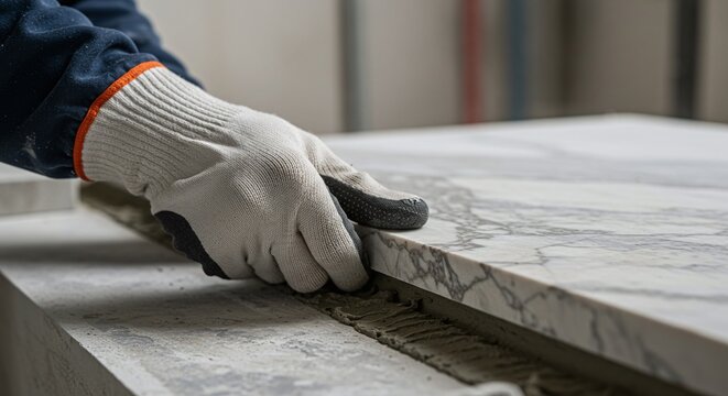 Worker's hand setting a marble countertop or slab onto a layer of adhesive.Concept of home renovation and professional stone installation.