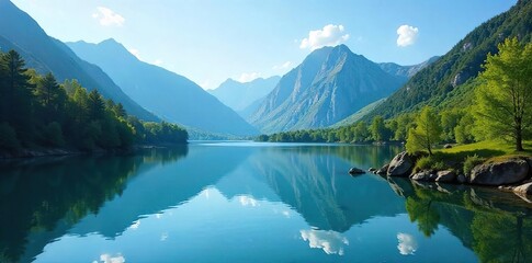 Serene landscape featuring a tranquil lake reflecting the surrounding mountains and lush greenery under a clear blue sky Perfect for nature, travel, and serenity themes , countryside, sky, vacation