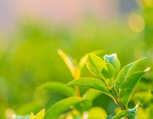 Close-up of dewy green leaves bathed in morning sunlight