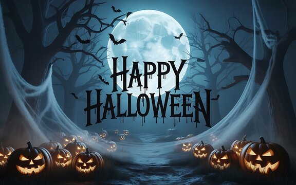 Spooky Halloween Night Jack-o'-lanterns, Moonlit Forest, and Ghoulish Greetings