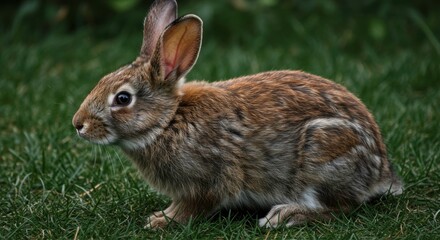 Fototapeta premium Serene Close-Up of a Wild Brown Rabbit Resting Peacefully on Lush Green Grass