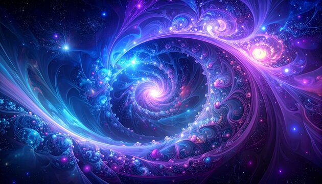 Fractal-inspired galaxy swirl in deep blues and purples, glowing cosmic particles - Powered by Adobe