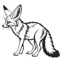 Monochrome Illustration of a Fennec Fox Standing Alert with Bushy Tail and Large Ears in Striking Detail