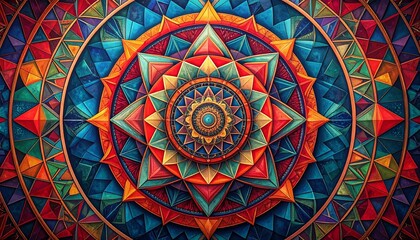 Obraz premium Geometric fractal mandala with repeating polygonal shapes in vivid colors