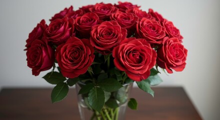 Obraz premium Elegant bouquet of deep red roses in a glass vase on a wooden table surface