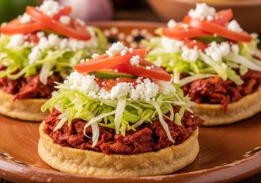 Delicious sopes topped with shredded meat and fresh toppings