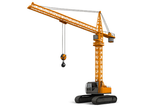 Yellow construction tower crane with caterpillar tracks and hook heavy machinery isolated on a transparent background