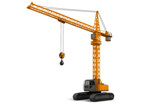 Yellow construction tower crane with caterpillar tracks and hook heavy machinery isolated on a transparent background - Powered by Adobe
