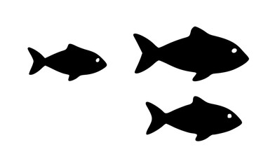 Three black fish silhouettes of varying sizes isolated on a white background