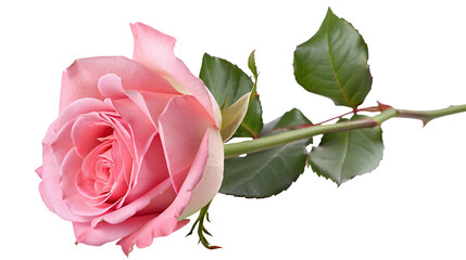 Beautiful blooming pink rose close up with green leaves on stem isolated on a pure white background