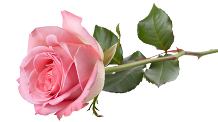 Beautiful blooming pink rose close up with green leaves on stem isolated on a pure white background