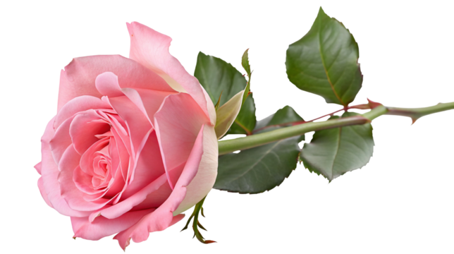 Beautiful blooming pink rose close up with green leaves on stem isolated on a pure white background