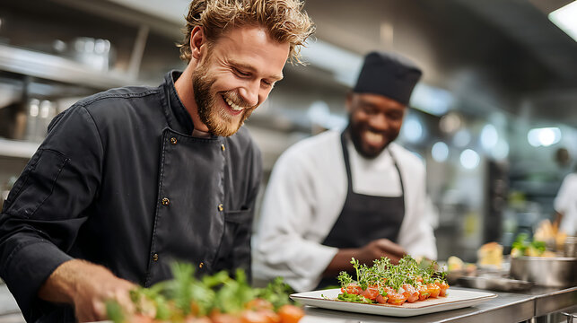 chef team cooking in upscale restaurant kitchen happy chef working together preparing meals professional culinary teamwork collaborative environment and food preparation