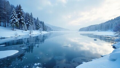 Frozen lake reflecting a stark winter sky, icy textures and crisp details Perfect for winter, nature, and cold-themed projects , serene landscape, cold weather, background