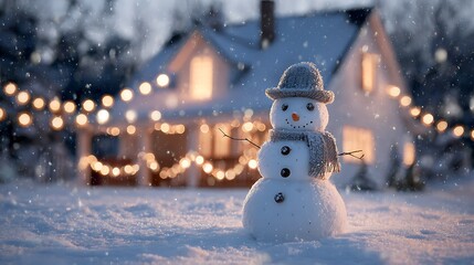 Snowman in snow landscape house glowing lights snowy cozy winter festive scene