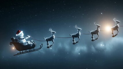A festive Christmas sleigh ride is portrayed as a robot in a Santa hat steers robotic reindeer across a starry winter sky during the holiday season - Powered by Adobe