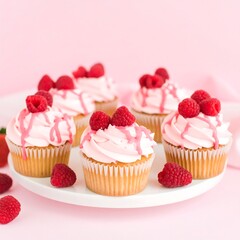 Pink cupcakes topped with raspberries and drizzled frosting, arranged on a white platter