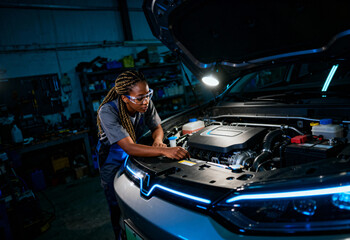 Female auto mechanic working on car engine in garage at night, focused young Black woman in safety glasses repairing vehicle under hood with tools in industrial workshop