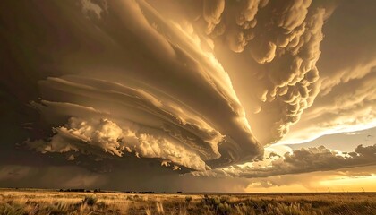 Impressive storm clouds roll over a prairie landscape at sunset