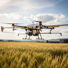 Agricultural drone flying over wheat field. Modern farming technology for crop spraying and monitoring. Precision agriculture concept.