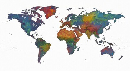 Watercolor world map illustration showcasing diverse geographical landscapes with artistic flair