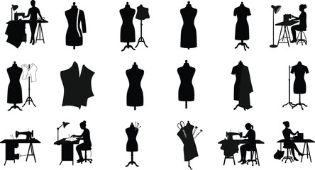 Fashion design silhouettes, dressmaker mannequins, sewing machines, female tailors working, fabric cutting, sewing needles, dress forms, textile crafting