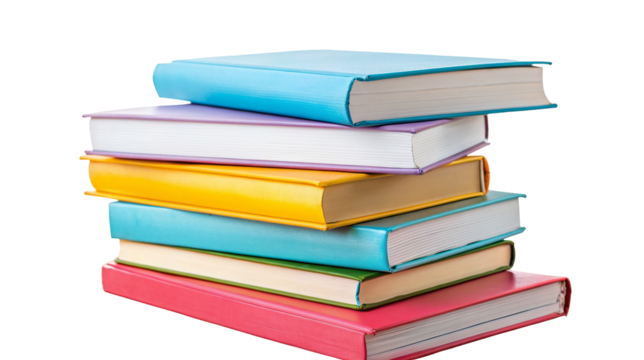 Stack of colorful hardcover books for education and reading resources in vibrant library setting