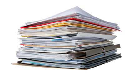 Large stack of colorful documents and folders for business and organization on white background