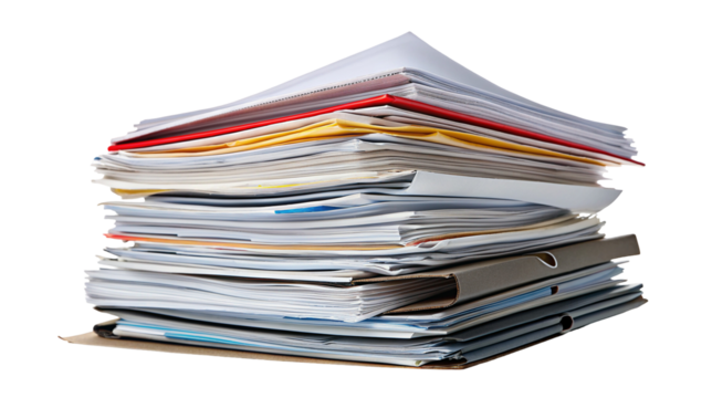 Large stack of colorful documents and folders for business and organization on white background