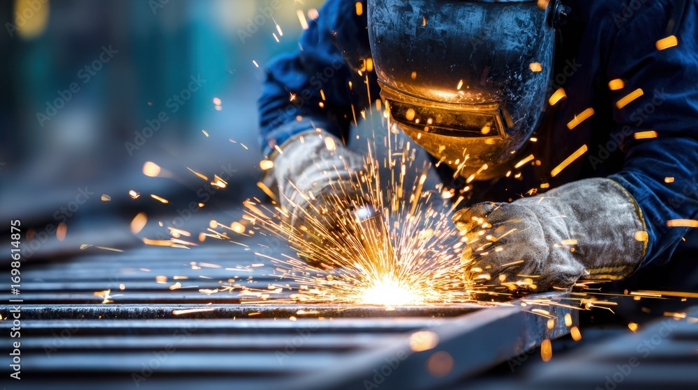 Poster medium shot of a craftsman welding a custom metal bracket with sparks flying the bracket sharp while