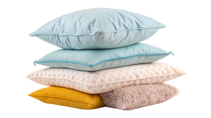 Colorful stack of decorative cushions in different styles for cozy interior design and comfort
